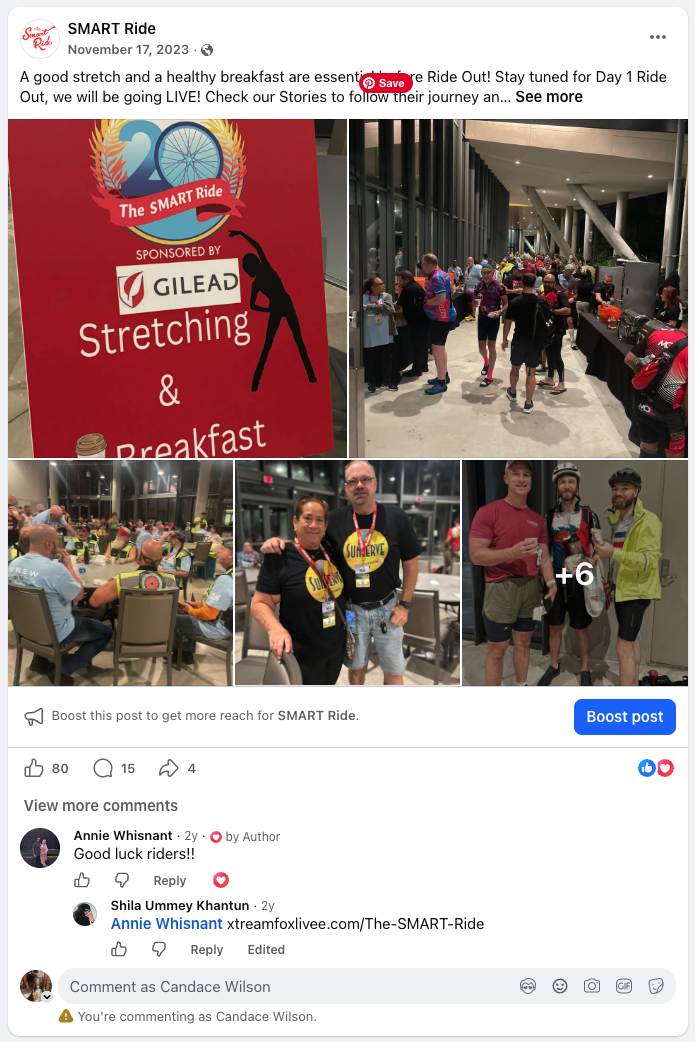 SMART Ride Facebook post—Stretching & Breakfast Day 1