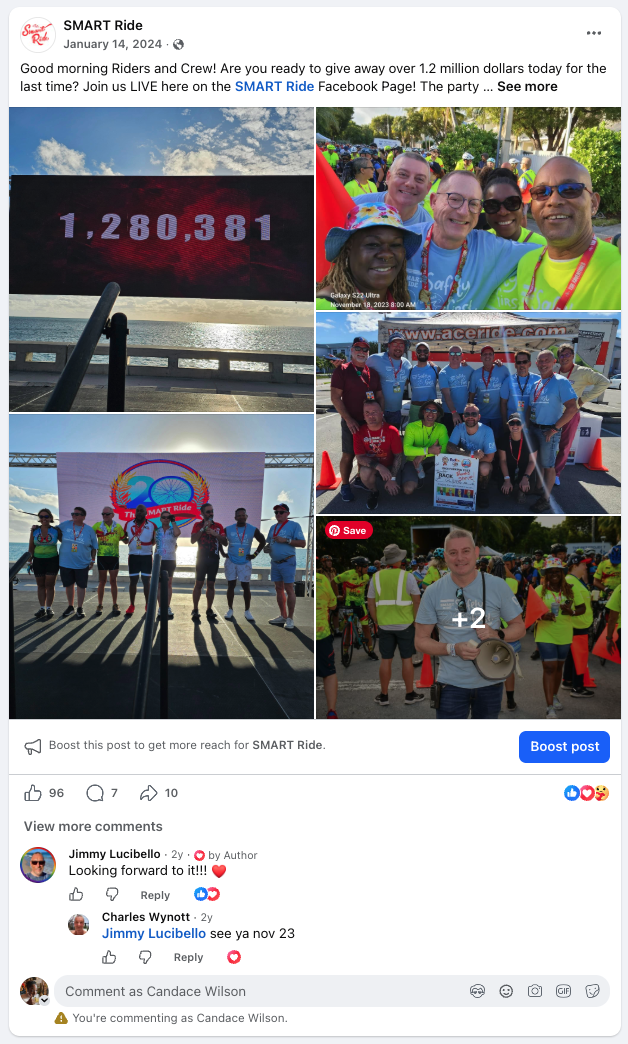 SMART Ride Facebook post—$1,280,381 raised